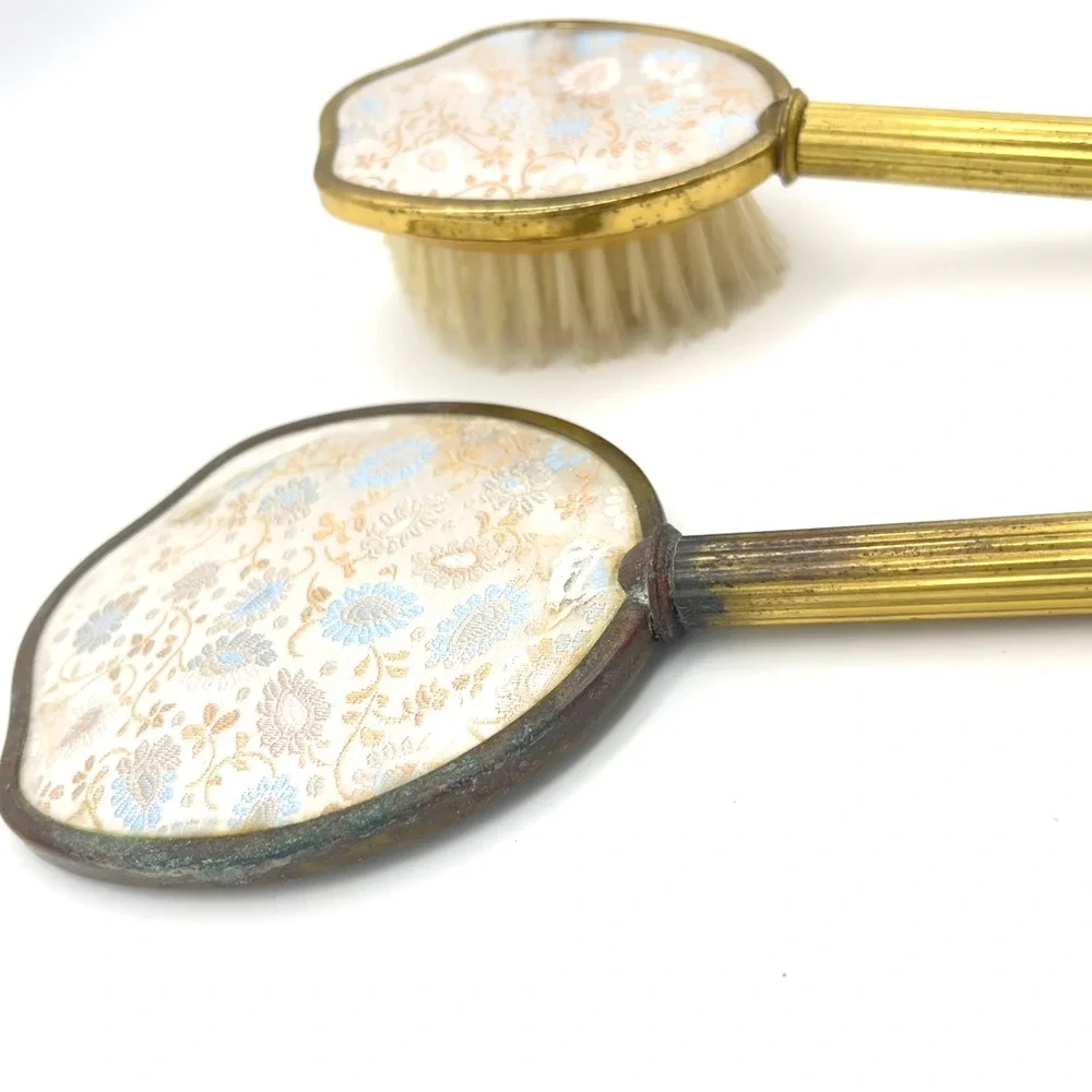 Vintage England Gold Tone Floral Brocade Hand Mirror and Brush‎ Vanity Set